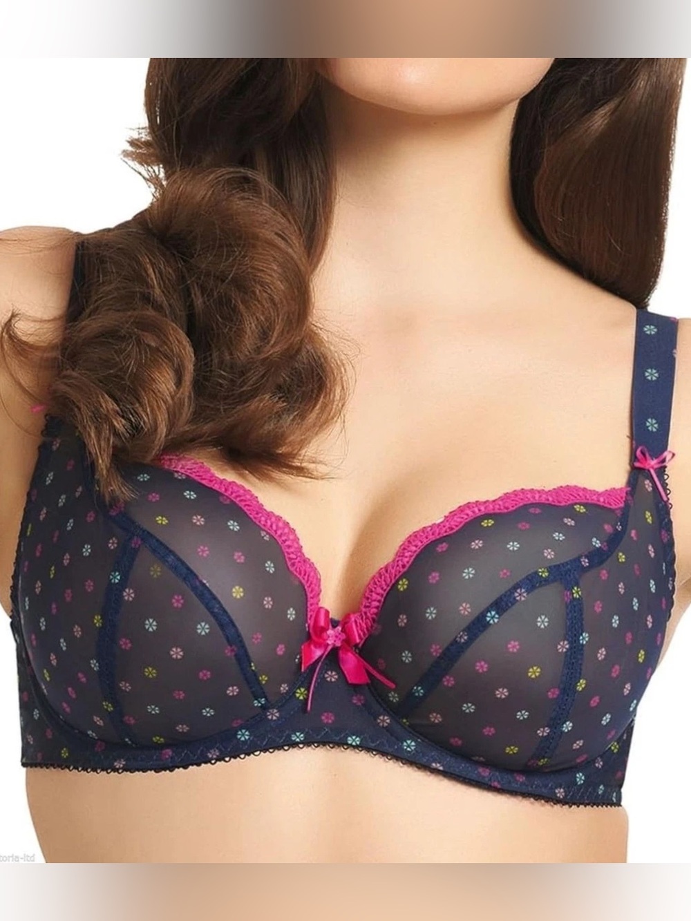 Freya Patsy Underwire Plunge Balcony Bra Navy Blue Pink Polka Dot Unlined 36F